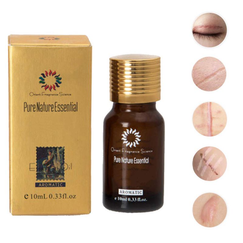 Pure Nature Essential aromatic oil bottle and box for scars of acne treatment with before and after skin healing images