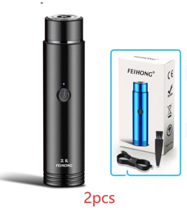 Black portable electric shaver with accessories shown beside the box, unrelated to organic and functional face mask