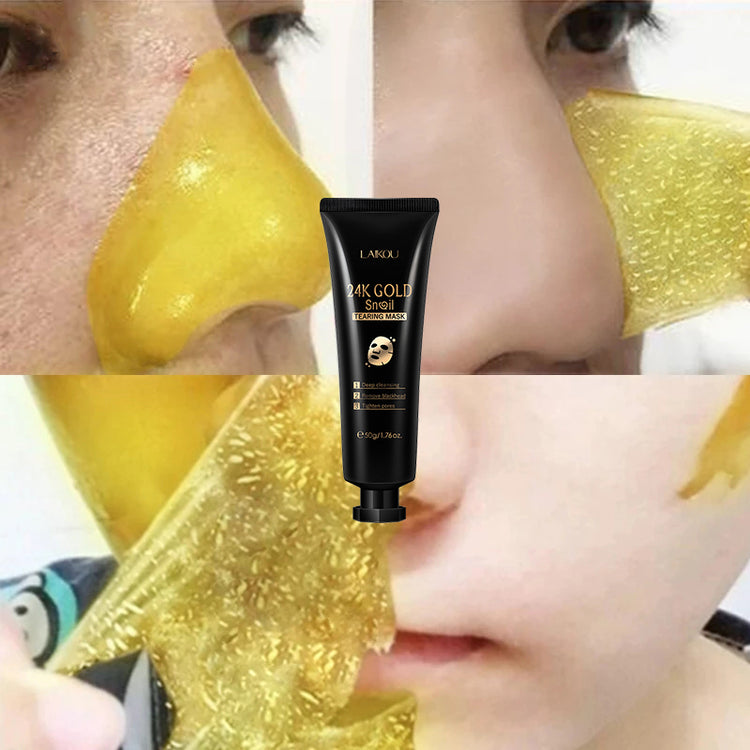 Organic and functional face mask showing 24k gold peeling mask applied and peeled off nose area