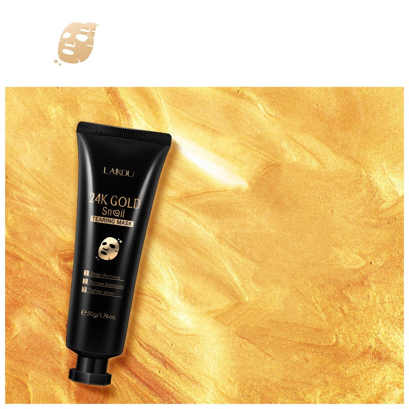 24K Gold Snail Tearing Mask tube on gold shimmer background organic and functional face mask