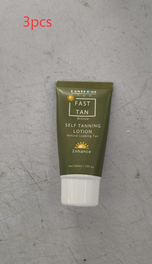 Tube of fast tan bronze self tanning lotion for natural looking tan on gray surface