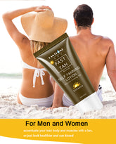 Organic and functional face mask advertisement featuring a man and woman sitting on the beach with tanning lotion