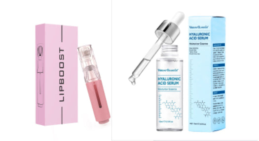 Organic and functional face mask product with pink lip boost applicator and hyaluronic acid serum dropper bottle