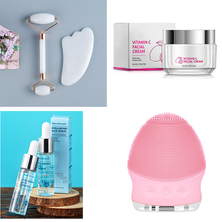 Set of skincare tools including organic and functional face mask cream, hyaluronic acid serum, facial roller, gua sha tool, and pink silicone face cleansing brush