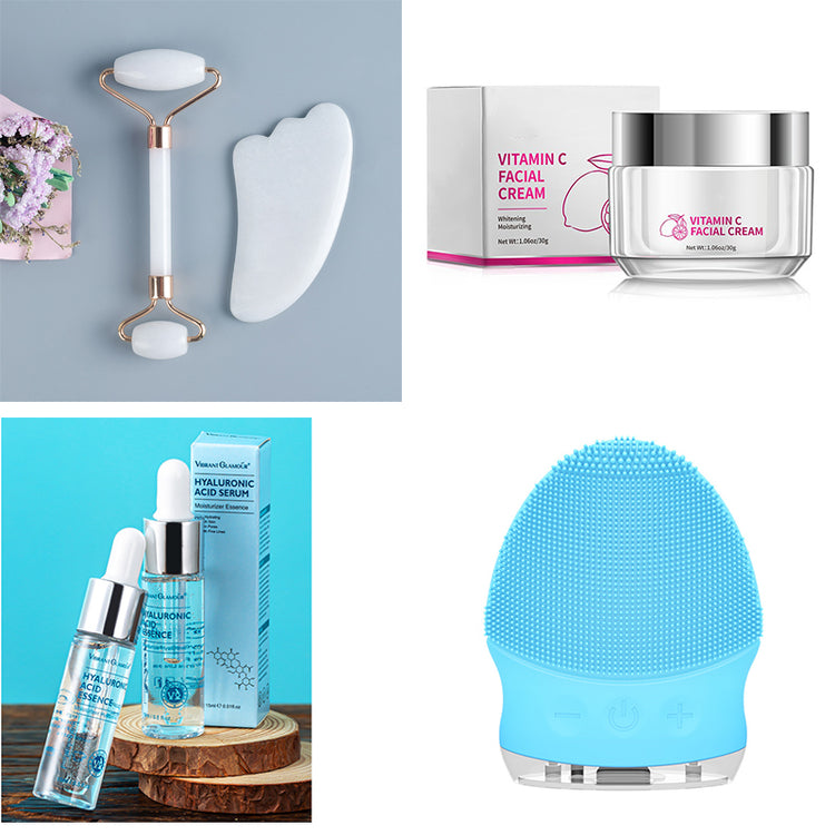 Organic and functional face mask with skincare tools including facial roller, vitamin C cream, hyaluronic acid serum, and blue silicone face cleanser