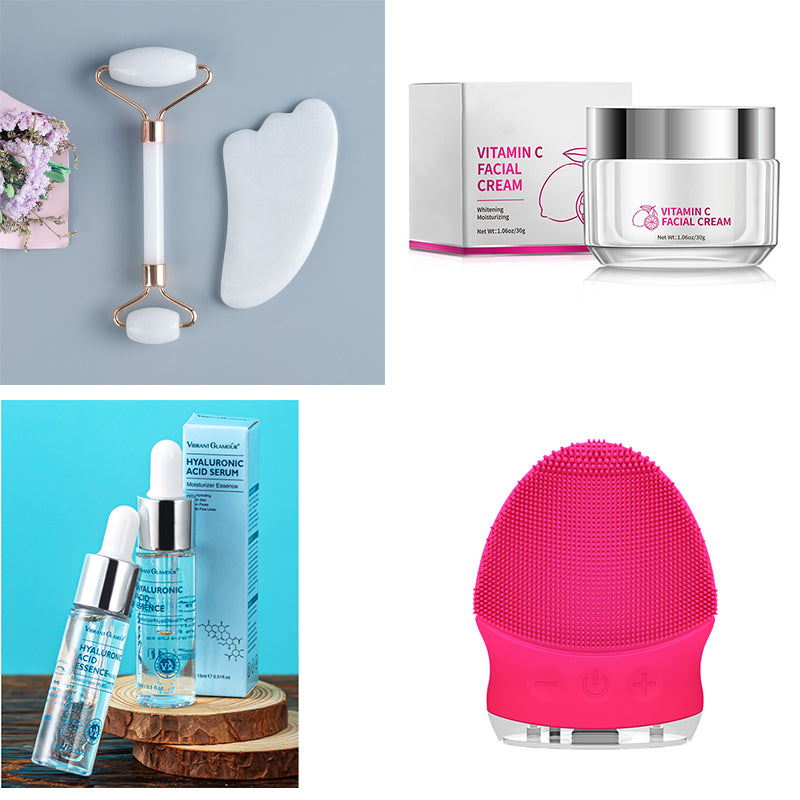 Set of skincare tools and products including organic and functional face mask with jade roller, vitamin C cream, hyaluronic acid serum, and pink facial cleansing brush